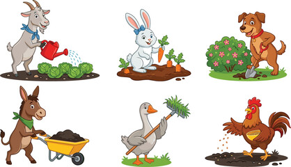 Cute cartoon farm animals gardening vector set featuring goat rabbit dog donkey goose and rooster harvesting feeding and planting isolated on white background © Rumi