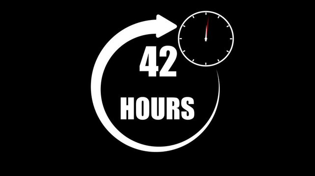 White number and mini clock icon 42 Hours a circular arrow graphic on a black background,with 4k video animation.