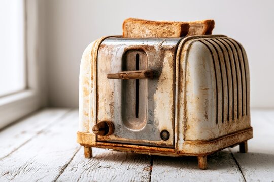 Aged metal toaster with browned bread on a clean white plank backdrop