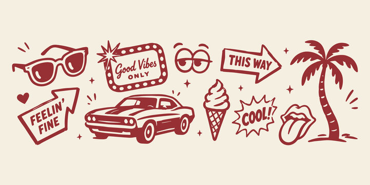 Retro summer doodle set hand drawn vector illustration