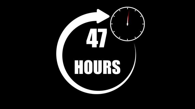 White number and mini clock icon 47 Hours a circular arrow graphic on a black background,with 4k video animation.