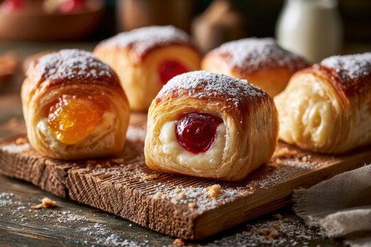 Fresh kolache rolls on a rustic wooden board with visible fruit fillings and powdered sugar