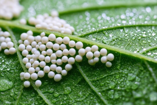 Educational macro image showing silkworm eggs arranged on a green leaf