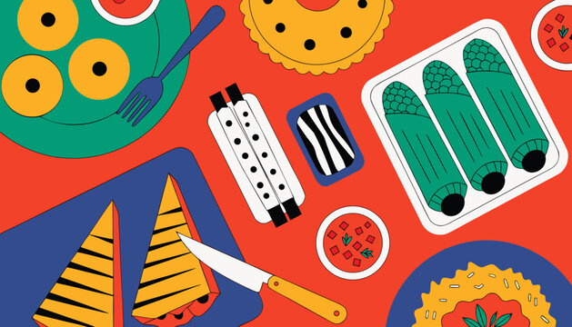 Colorful food icons, kitchen utensils, and dishes, vector illustrations, foodie graphics
