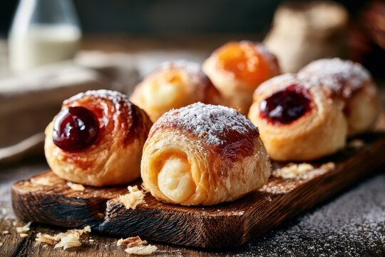Cozy kitchen scene featuring traditional kolache rolls on a wooden tray