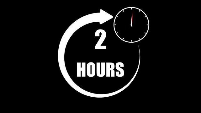White number and mini clock icon 2 Hours a circular arrow graphic on a black background,with 4k video animation.