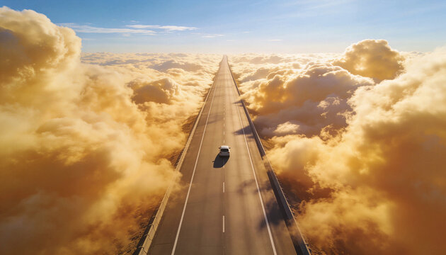 infinita autostrada deserta che passa in mezzo a nuvole color oro, endless deserted highway that splits golden clouds