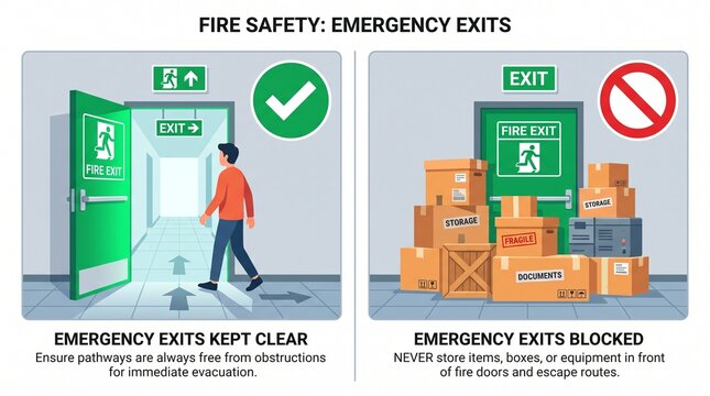 Clear emergency exit pathway for immediate evacuation versus blocked fire door illustration.