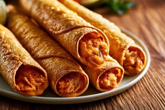 Close-up of baked taquitos with chicken and cheese, golden crust on a neutral plate