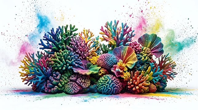 Vibrant sea coral reef display crafted with exploding rainbow pigment powder isolated on background.