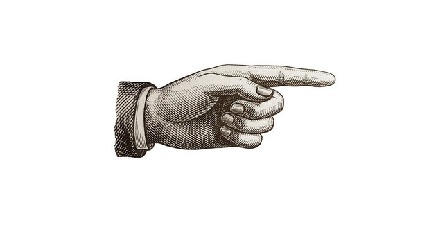 Vintage engraved human hand with suit sleeve pointing finger to the right on transparent background, concept of directing attention