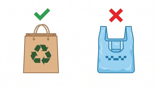 Shopping bag options contrasting eco friendly paper material against plastic trash bag.