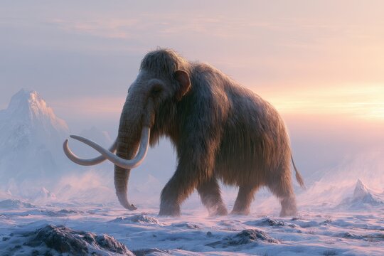 Digital painting of a woolly mammoth trudging across a snow-dusted tundra at sunset