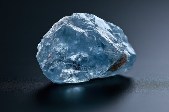 Close-up of pale-blue celestite mineral on black surface, horizontal composition