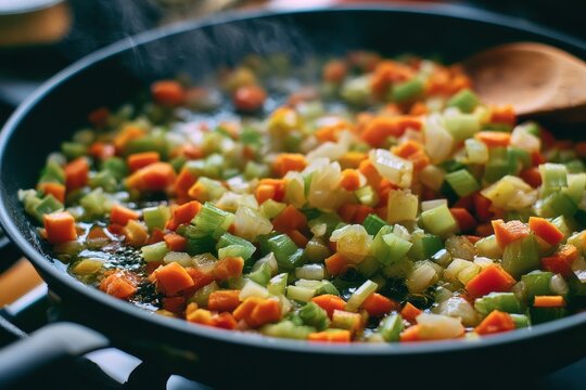 Close-up of aromatic mirepoix browning in a hot skillet for soups and stews