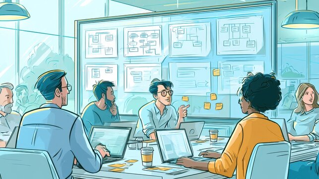 Digital illustration of a software design team coordinating on UML models and architecture