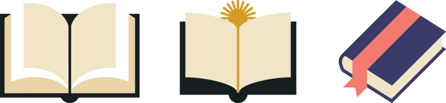 Book icon collection featuring open books, hardcover novel, reading, literature, education, library, and academic learning resources in flat vector style
