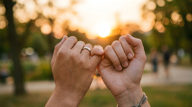 Close-up of two hands forming a pinky promise gesture, symbolizing commitment, trust, and friendship, set against a beautifully blurred golden sunset in a park, conveying warmth, connection, and endur