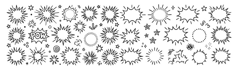 Obraz premium Hand drawn doodle vector mega pack of comic burst elements featuring attention bursts, pop art explosion shapes, radiating lines, impact marks, starbursts isolated on white background