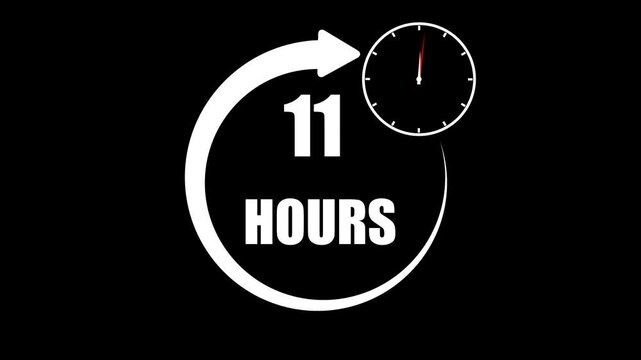 White number and mini clock icon 11 Hours a circular arrow graphic on a black background,with 4k video animation.