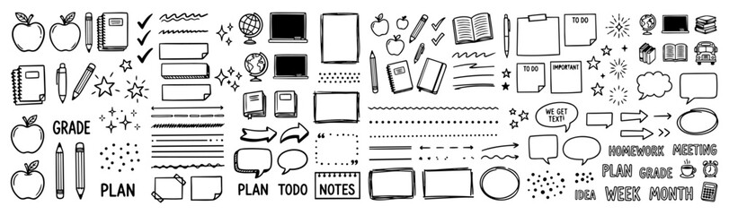 Fototapeta premium Hand drawn doodle vector mega pack of teacher planner decorations featuring apples, pencils, notebooks, sticky notes, check marks, classroom icons isolated on white background