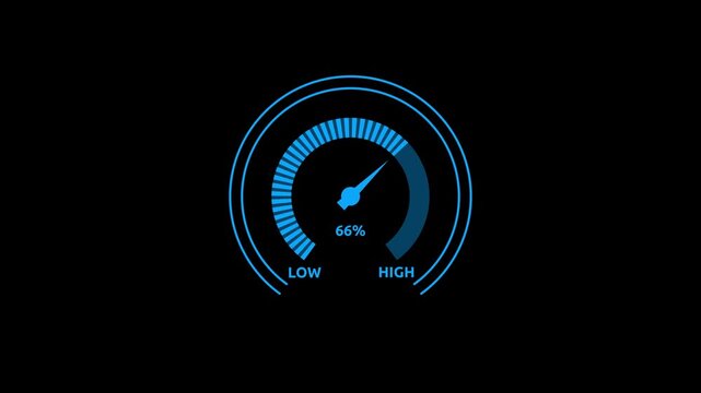 Glowing blue digital gauges move from high overload to safe low levels, presentation template, moving colorful needle, warning message, risk assessment icon from 100 to 0. tension indicator icon.