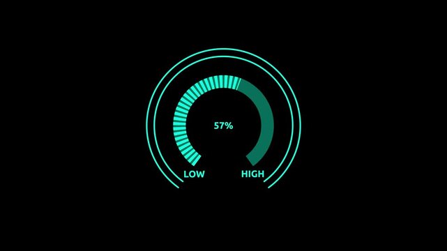 Glowing syan digital gauges move from high overload to safe low levels, presentation template, moving colorful needle, warning message, risk assessment icon from 100 to 0. tension indicator icon.