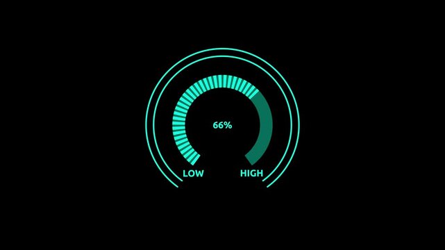 Glowing syan digital gauges move from high overload to safe low levels, presentation template, moving colorful needle, warning message, risk assessment icon from 100 to 0. tension indicator icon.