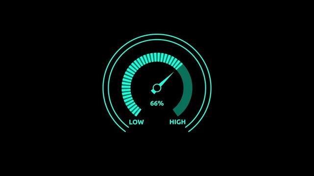 Glowing syan digital gauges move from high overload to safe low levels, presentation template, moving colorful needle, warning message, risk assessment icon from 100 to 0. tension indicator icon.