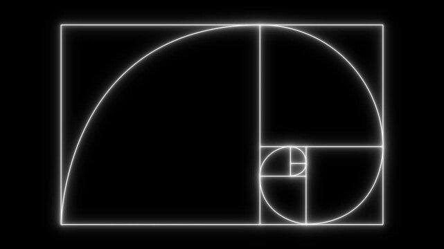 glowing neon white color Golden Ratio Fibonacci sequence golden number icon on black background. Golden ratio transparent video. neon Fibonacci spiral golden ratio icon. 4k motion ...