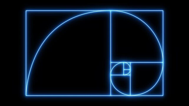 glowing neon blue color Golden Ratio Fibonacci sequence golden number icon on black background. Golden ratio transparent video. neon Fibonacci spiral golden ratio icon. 4k motion ...
