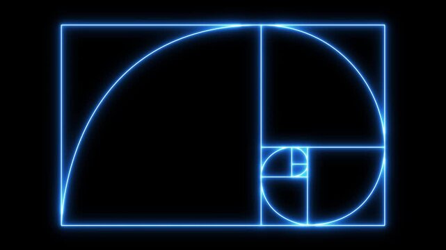 glowing neon blue color Golden Ratio Fibonacci sequence golden number icon on black background. Golden ratio transparent video. neon Fibonacci spiral golden ratio icon. 4k motion ...