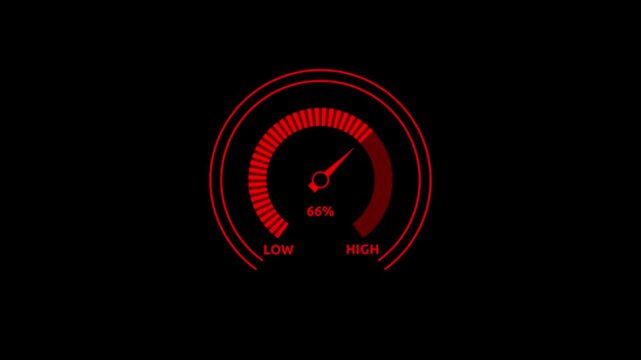 Glowing red digital gauges move from high overload to safe low levels, presentation template, moving colorful needle, warning message, risk assessment icon from 100 to 0. tension indicator icon.