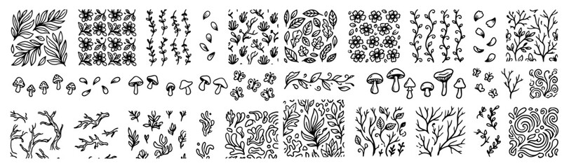 Hand drawn doodle vector mega pack of nature patterns featuring leaf clusters, floral repeats, vine patterns, petal scatter, mushroom accents, botanical doodles isolated on white background © Creative Lab