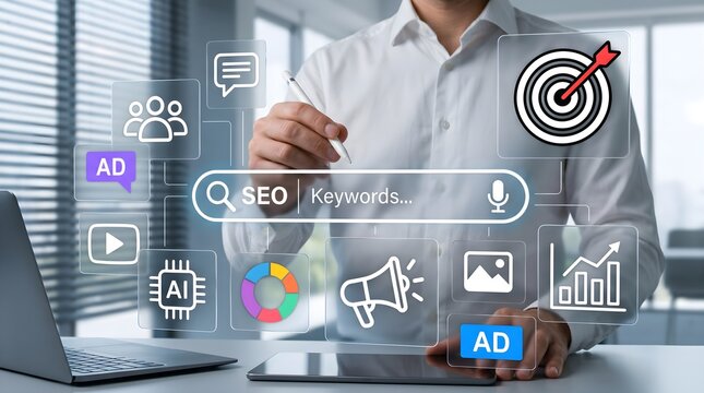 Search Marketing and SEO Keywords Optimization Concept. Businessman Using Stylus on Digital Interface for AI Online Campaign and Data-Driven Visibility