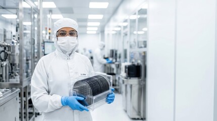 Naklejka premium Woman technician in cleanroom holding silicon wafer carrier. Semiconductor manufacturing process and microchip production. Industrial engineer in protective clothing working in laboratory.