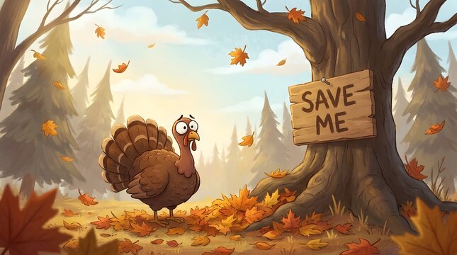 Whimsical thanksgiving feast illustration a turkey's plea for mercy amidst autumn foliage