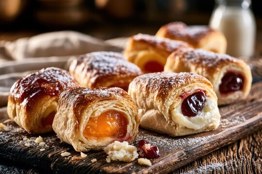 Assorted kolache pastries with poppy seed and fruit fillings in a warm bakery scene