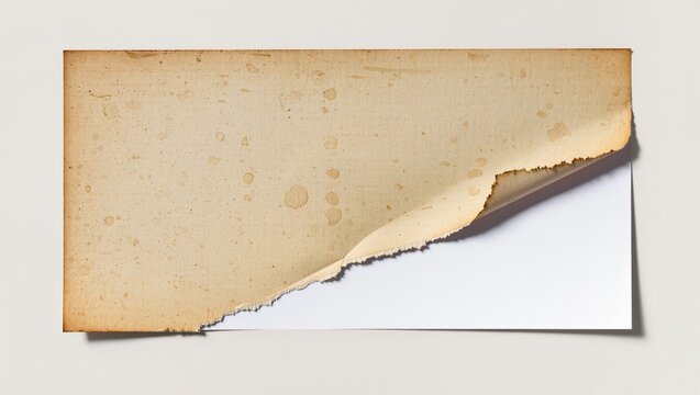 Horizontal minimalist shot of a ripped piece of vintage parchment paper with a curled corner and stained texture, revealing a clean white card with copy space.