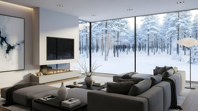 Modern living room with gray sofas coffee table tv on wall and large window showing snow covered forest warm interior design