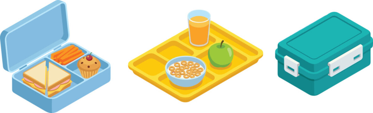 Lunch box and cafeteria meal icon collection featuring reusable food container, school lunch tray, healthy snack box, and portable meal storage solutions