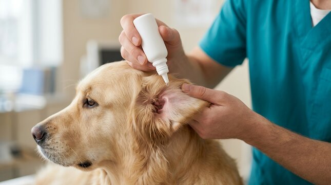 Veterinarian applying ear drops to a dog's sensitive ear