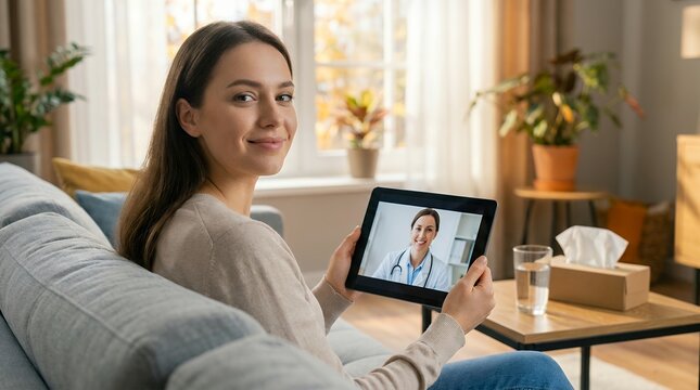 Woman consulting doctor on tablet during home video call in cozy bedroom setting