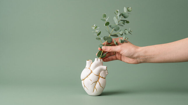 Human hand with gentle caring gesture placing fresh eucalyptus inside kintsugi anatomical heart vase representing emotional healing against green background with copy space