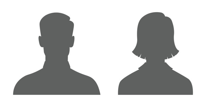 Male and female head silhouettes against a white background representing anonymous human profiles avatar black blank body contour