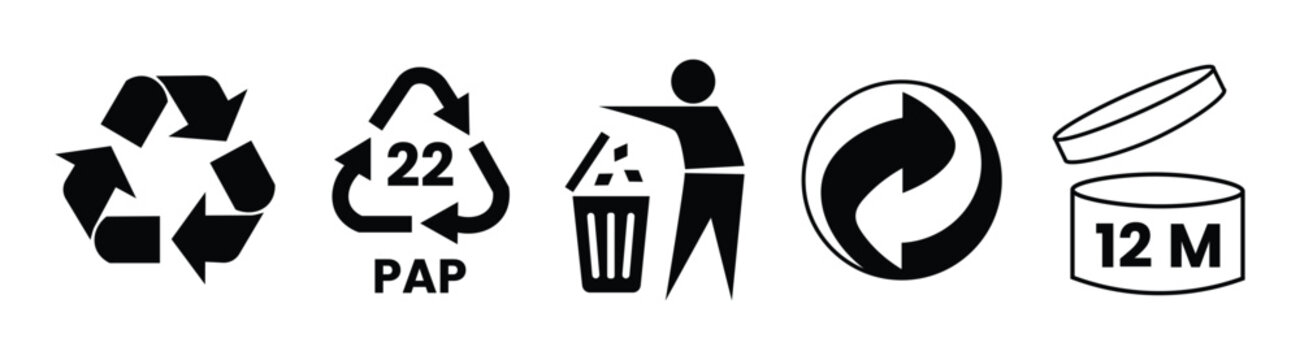 Vector icon set of recycling, disposal, and packaging symbols including Mobius loop, PAP code, 12M shelf life, and trash bin. Ideal for eco product labeling and sustainable packaging.