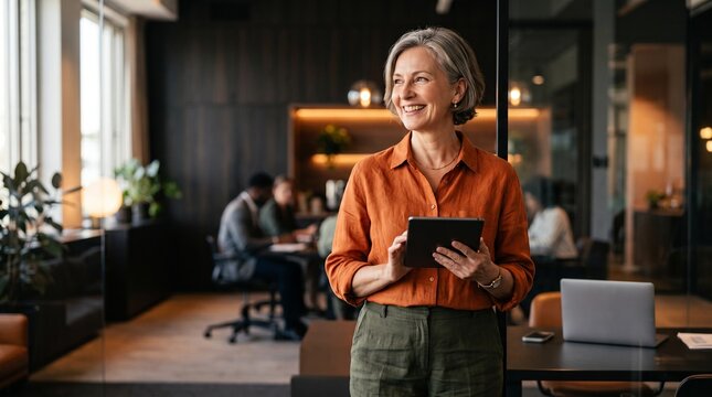 European businesswoman CEO using fintech tab application standing at workplace in office. Latin Hispanic mature professional business woman holding digital tablet for trading, looking at copy space