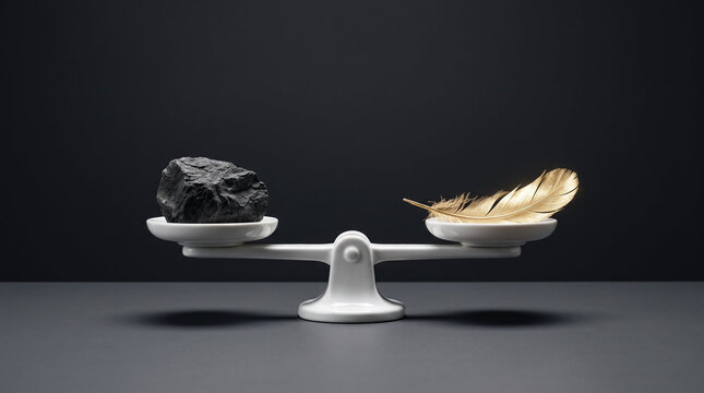 Balanced white scale with stone and feather in grey and gold tones symbolizing emotional release, mental equilibrium, and the unburdening of the mind with copy space