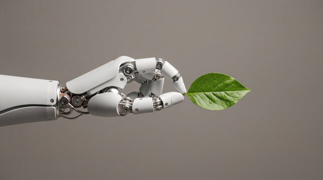 Minimalist conceptual rendering of robotic hand delicately holding fresh green leaf in neutral grey and natural green tones representing eco-friendly technology with copy space
