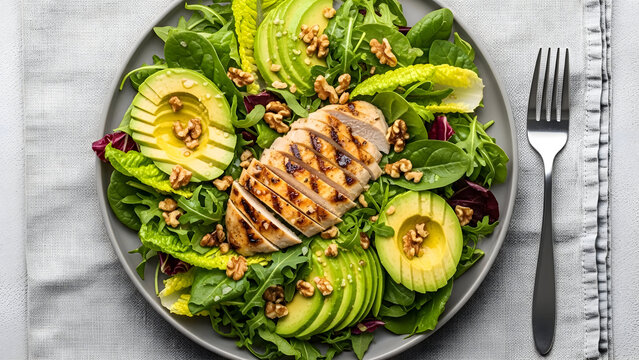 Grilled chicken and avocado salad with mixed greens nuts on a gray plate with a fork